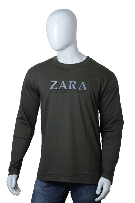 Army Green Full Sleeves Round Neck Embossed Zara T-Shirt for Men