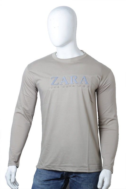 Beige Full Sleeves Round Neck Embossed Zara T-Shirt for Men