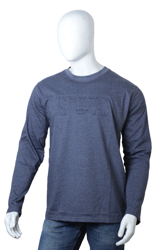 Charcoal Grey Full Sleeves Round Neck Embossed T-Shirt for Men