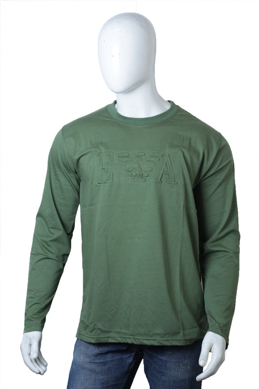Green Full Sleeves Round Neck Embossed T-Shirt for Men