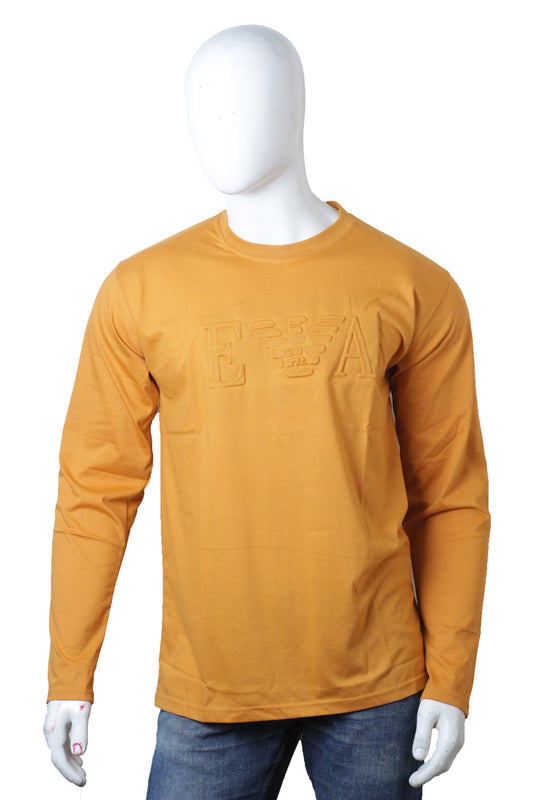 Mustard Full Sleeves Round Neck Embossed T-Shirt for Men