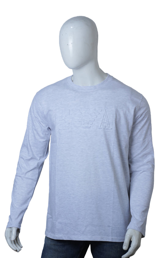 Textured White Full Sleeves Round Neck Embossed T-Shirt for Men